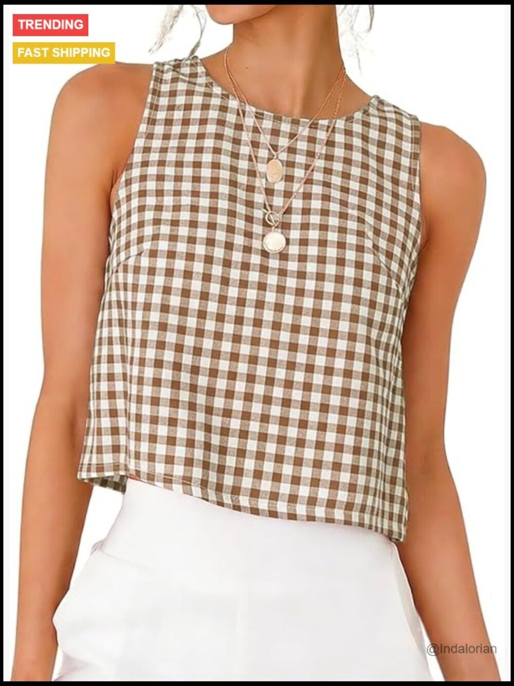 Gingham Crop Tank Top Sleeveless Summer Vest High Neck Back Buttons